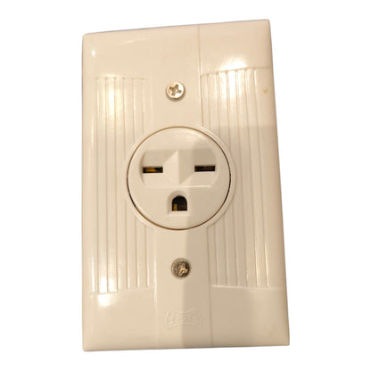 A white plastic US outlet electrical wall socket with two screws for mounting, shown against a plain white background.