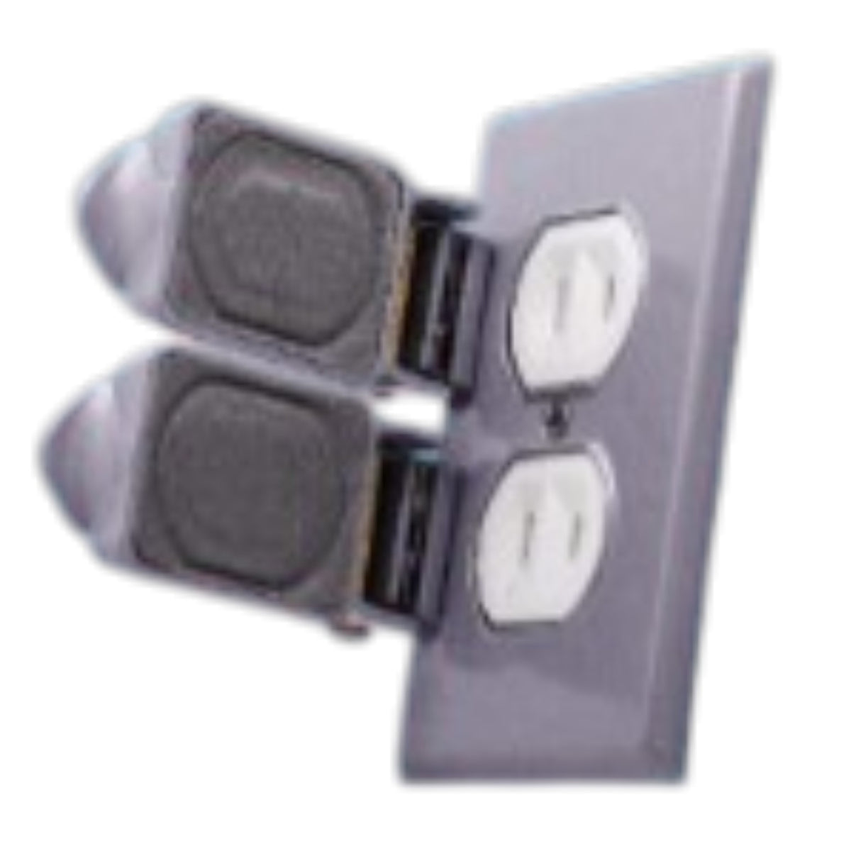 A gray plastic double outlet cover plate with two detachable plug-in covers, shown against a plain white background.