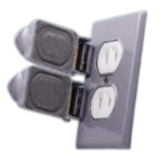 A gray plastic double outlet cover plate with two detachable plug-in covers, shown against a plain white background.