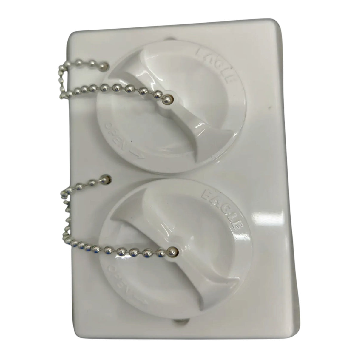 A white plastic dual-fuel oil canister with two pull chains attached to the top and bottom, shown on a plain white background.
