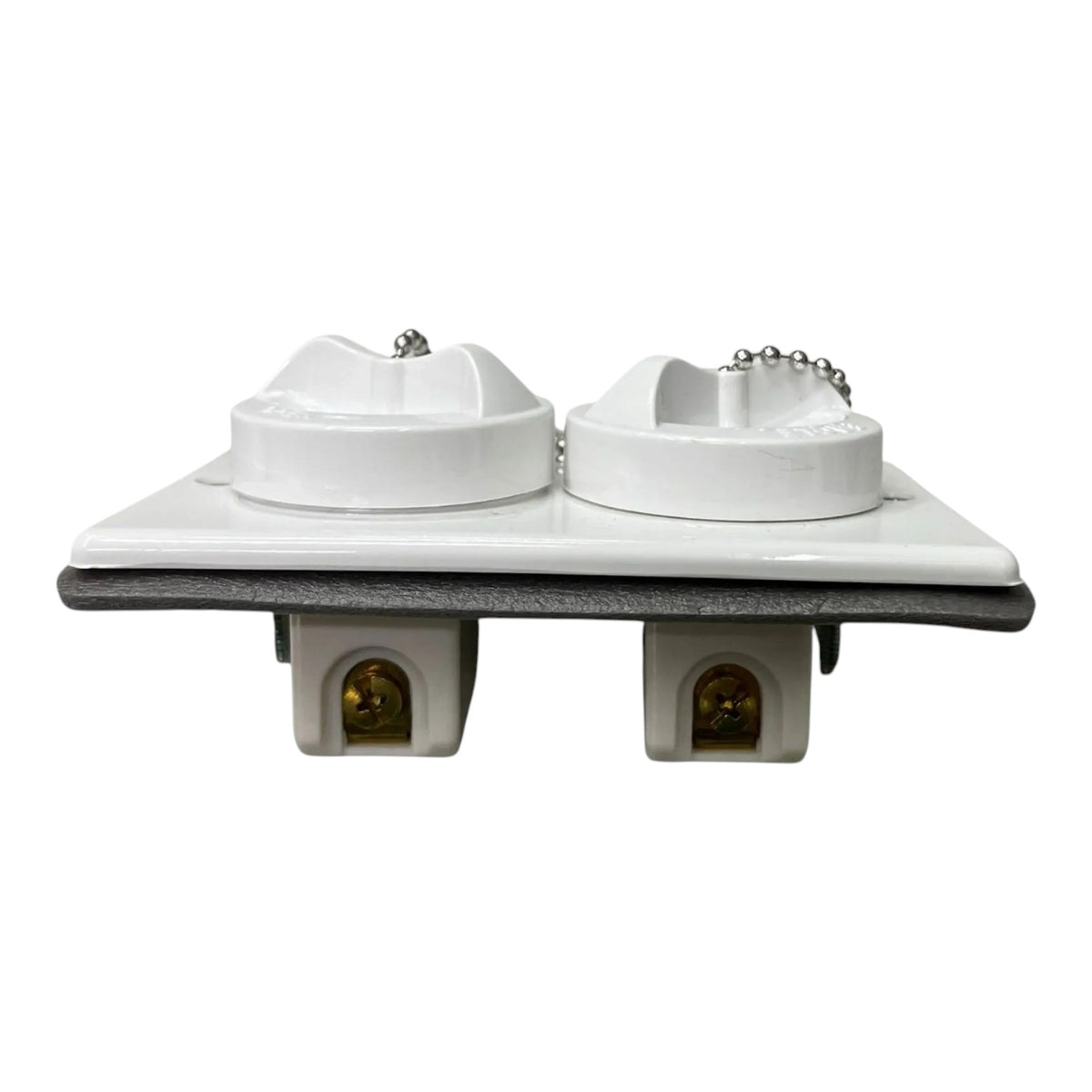 A dual outdoor water fountain spigot set with two white plastic caps on a square white base, featuring two gray rectangular supports below with amber glass nozzles, shown on a white background.
