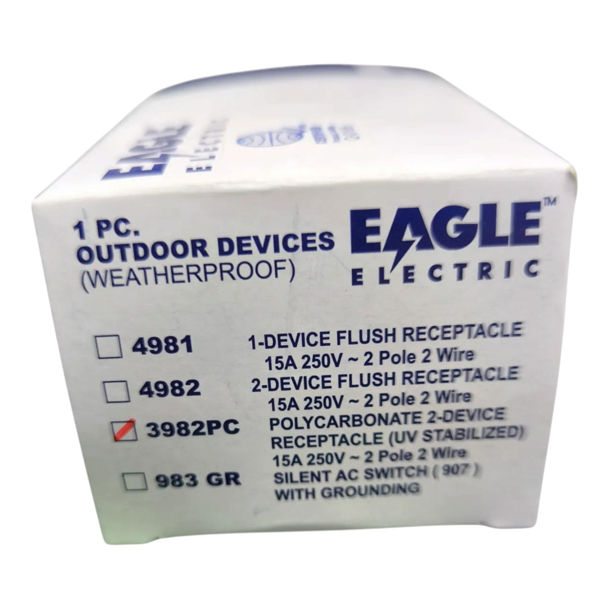 A white cardboard box for Eagle Electric outdoor weatherproof devices, showing printed product information and model numbers 4981, 4982, 3982PC, and 983 GR on the front and side panels.