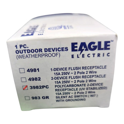A white cardboard box for Eagle Electric outdoor weatherproof devices, showing printed product information and model numbers 4981, 4982, 3982PC, and 983 GR on the front and side panels.