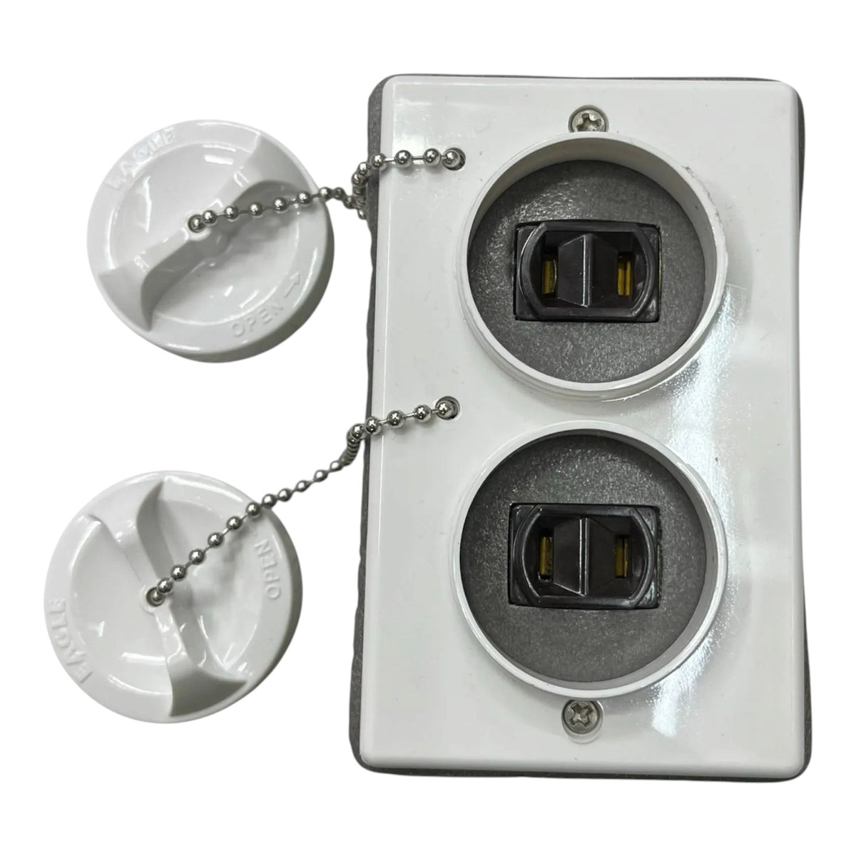 A white plastic dual outlet electrical outlet cover plate with two round outlets and two matching white plastic caps connected by silver ball chains, shown on a white background.
