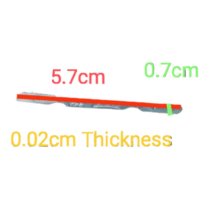 A thin transparent strip shown on a white background with overlaid measurements: 5.7 cm length, 0.