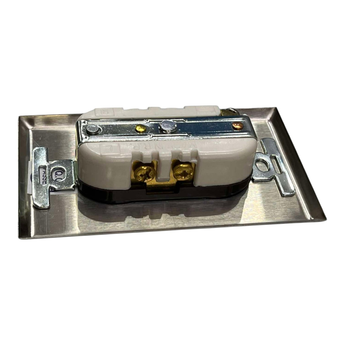A stainless steel electrical outlet plate with a white plastic socket cover and brass screw terminals, shown on a plain white background.
