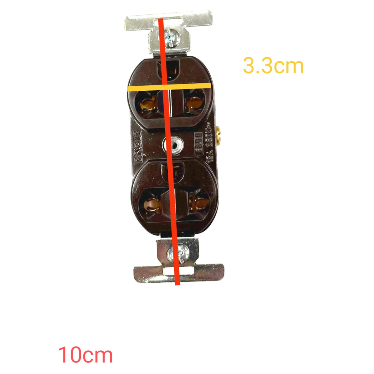 A dark brown electrical outlet shown on a white background with overlaid dimension lines and text indicating 10cm height and 3.3cm width.