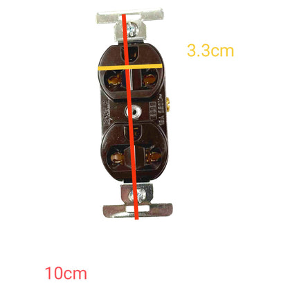 A dark brown electrical outlet shown on a white background with overlaid dimension lines and text indicating 10cm height and 3.3cm width.