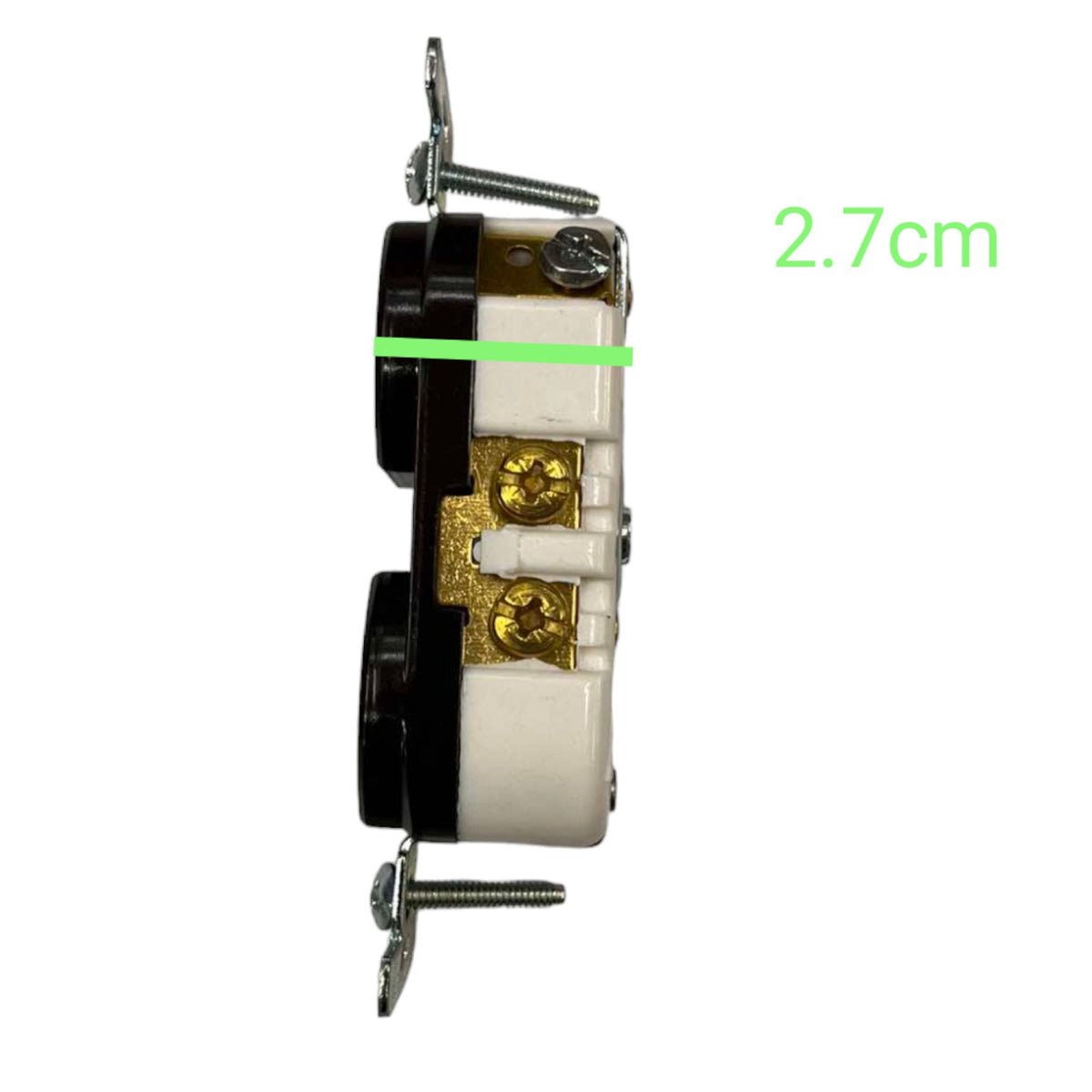 A side-view measurement graphic of a small wall outlet or electrical component on a white background, with a green horizontal line indicating width and green text reading 2.7cm.