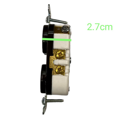A side-view measurement graphic of a small wall outlet or electrical component on a white background, with a green horizontal line indicating width and green text reading 2.7cm.