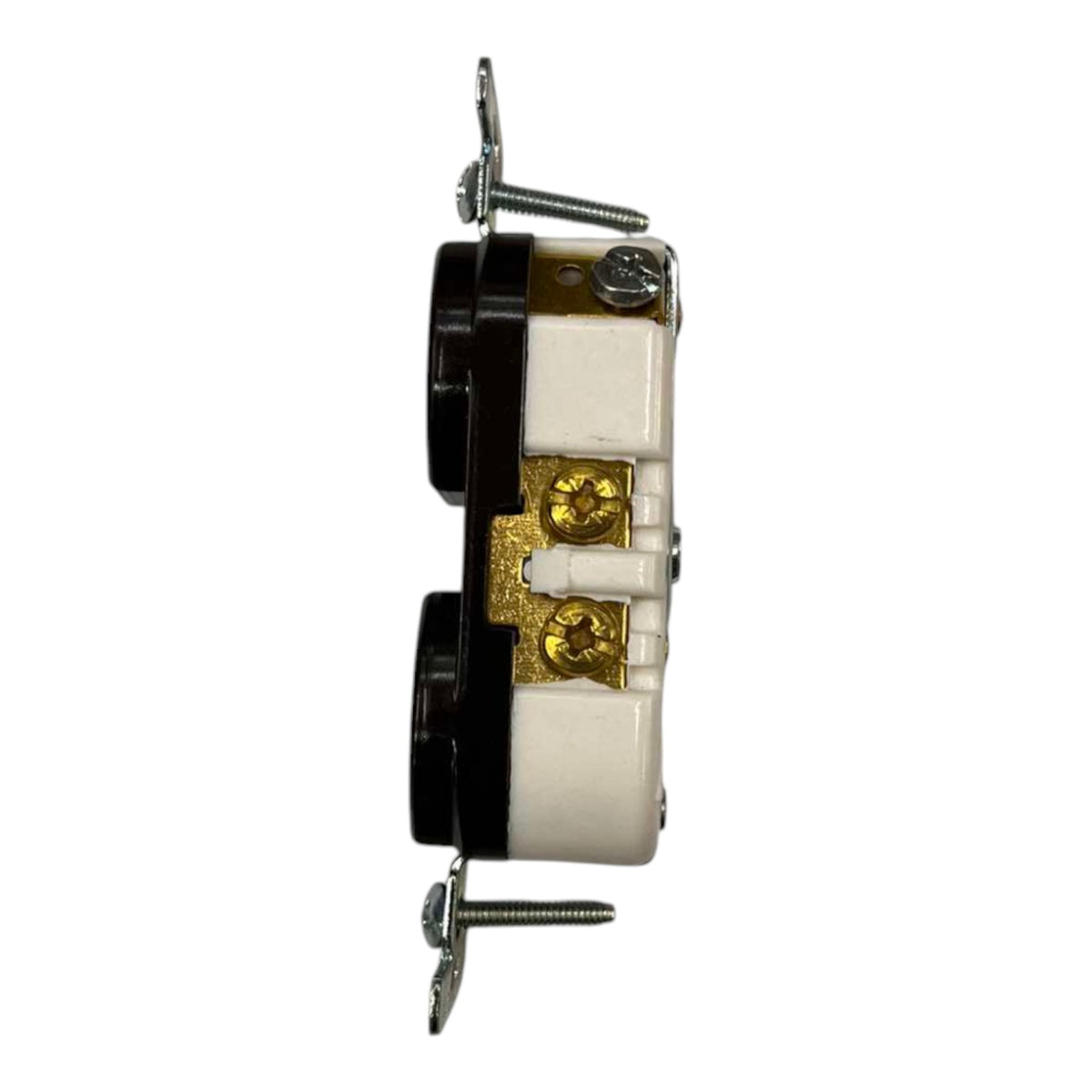 A single electrical outlet component shown from the side against a plain white background, featuring white ceramic sockets, black plastic housing, gold-colored metal terminals, and silver metal mounting screws.
