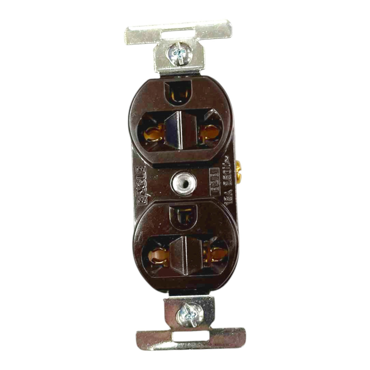 A double outlet electrical wall switch with a dark brown plastic faceplate and silver metal screw terminals, shown against a plain white background.