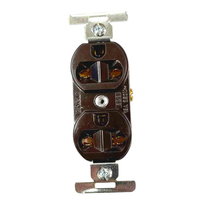 A double outlet electrical wall switch with a dark brown plastic faceplate and silver metal screw terminals, shown against a plain white background.