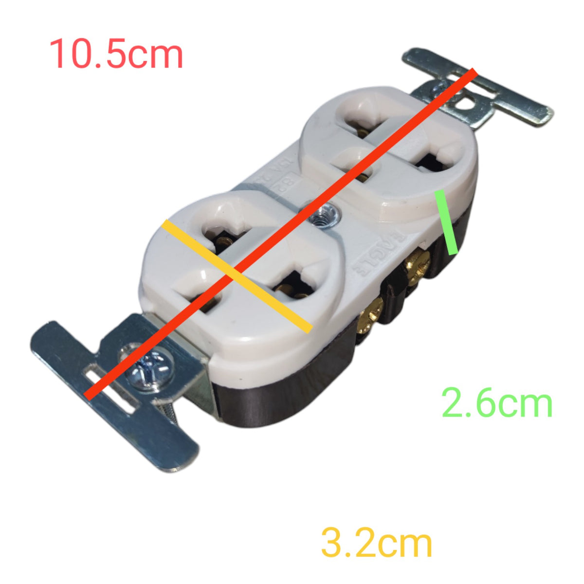 A double outlet electrical socket shown on a white background with overlaid dimension labels and colored measurement lines indicating 10.5 cm, 2.