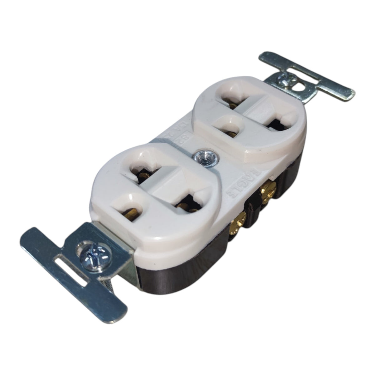 A double outlet electrical socket with a white plastic faceplate, black base, and silver metal mounting brackets on a white background.