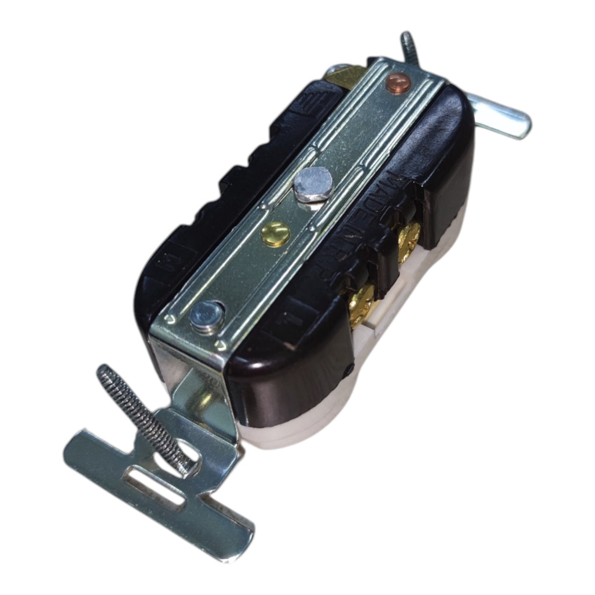 A single electrical outlet or switch component with black plastic housing, a silver metal plate, brass-colored terminal screws, and a spring-loaded metal mounting tab, isolated on a white background.