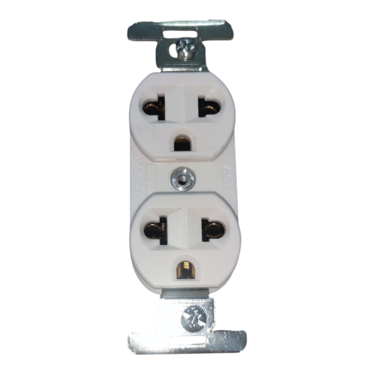 A double outlet electrical wall socket with white plastic faces and silver metal mounting brackets on a plain white background.