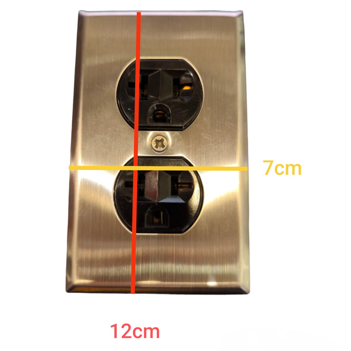 A double electrical outlet cover plate in brushed metallic gold with dimension overlays showing 12cm width and 7cm height on a white background.