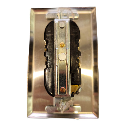 A close-up of a single-gang wall switch showing the internal mechanism, including the black lever, brass screws, and metallic casing, isolated on a white background.