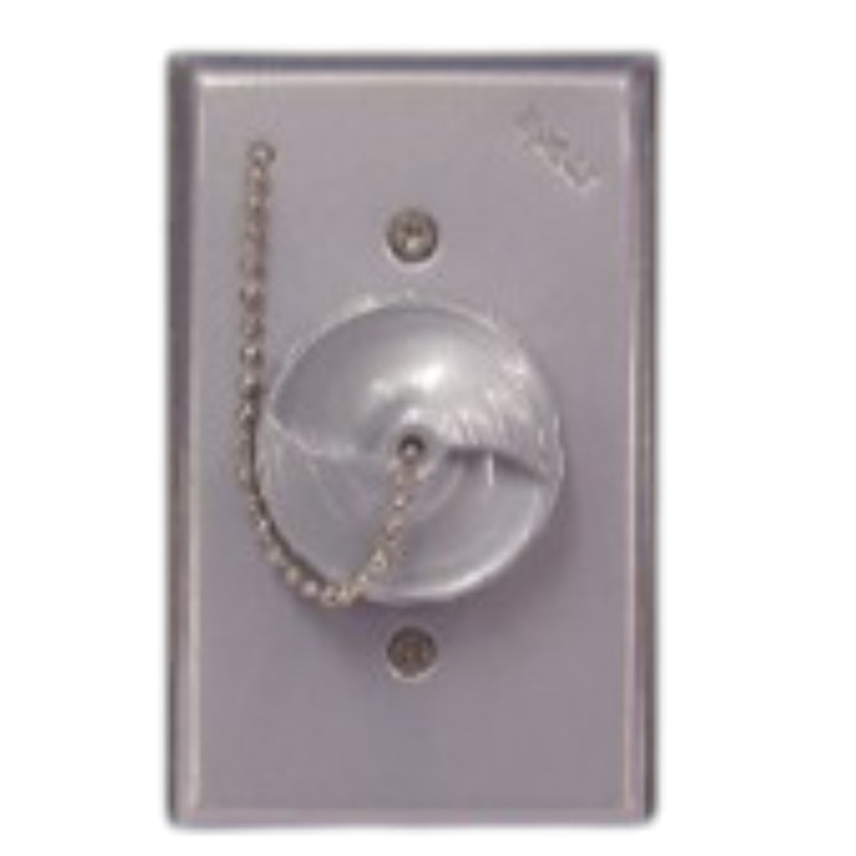 A silver metal pull chain switch cover with a matching round cover plate on a white background.