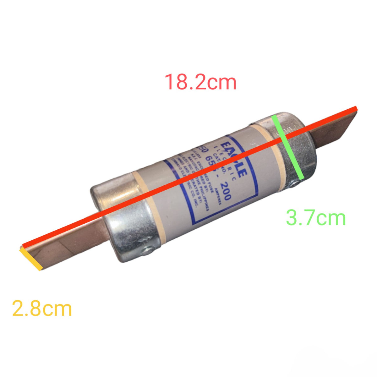A cylindrical metal fuse with printed blue labels, shown on a white background with red, green, yellow, and orange dimension lines and text indicating measurements 18.2cm, 3.