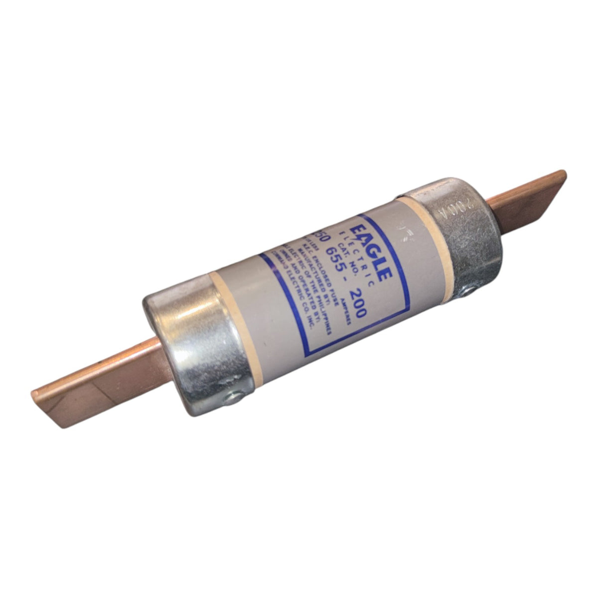 An Eagle brand cylindrical fuse with a gray paper body, blue printed label, and copper-colored metal terminal tips, shown on a plain white background.
