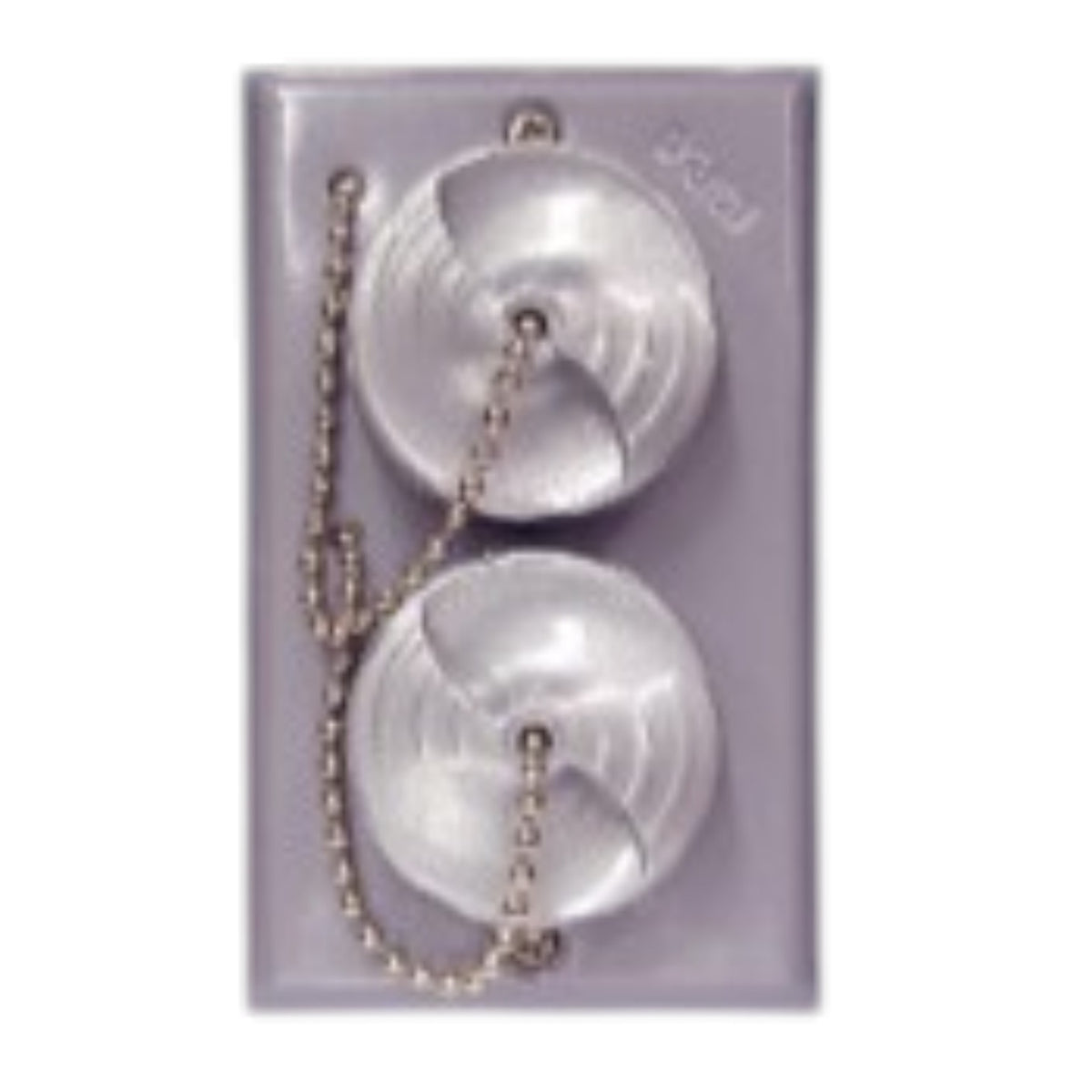 Two round silver metal chain lockers mounted on a light purple rectangular backing card, shown against a white background.