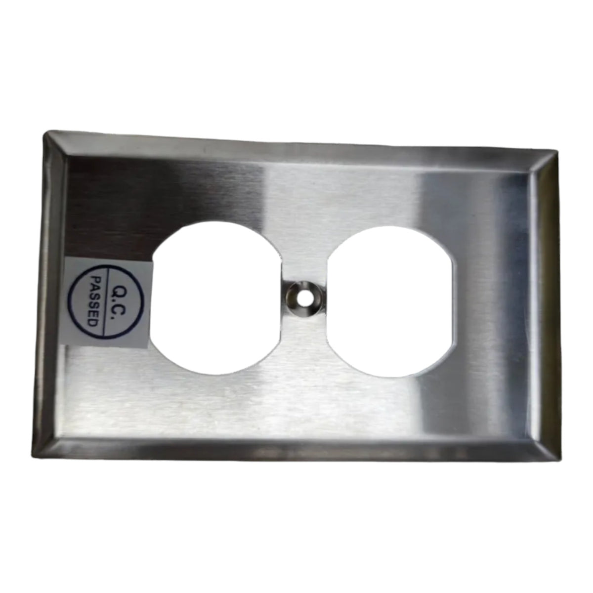 A brushed stainless steel double outlet electrical cover plate with a small 'PASSED O.C.