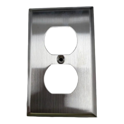 A brushed nickel double outlet cover plate with a satin finish, shown against a plain white background.