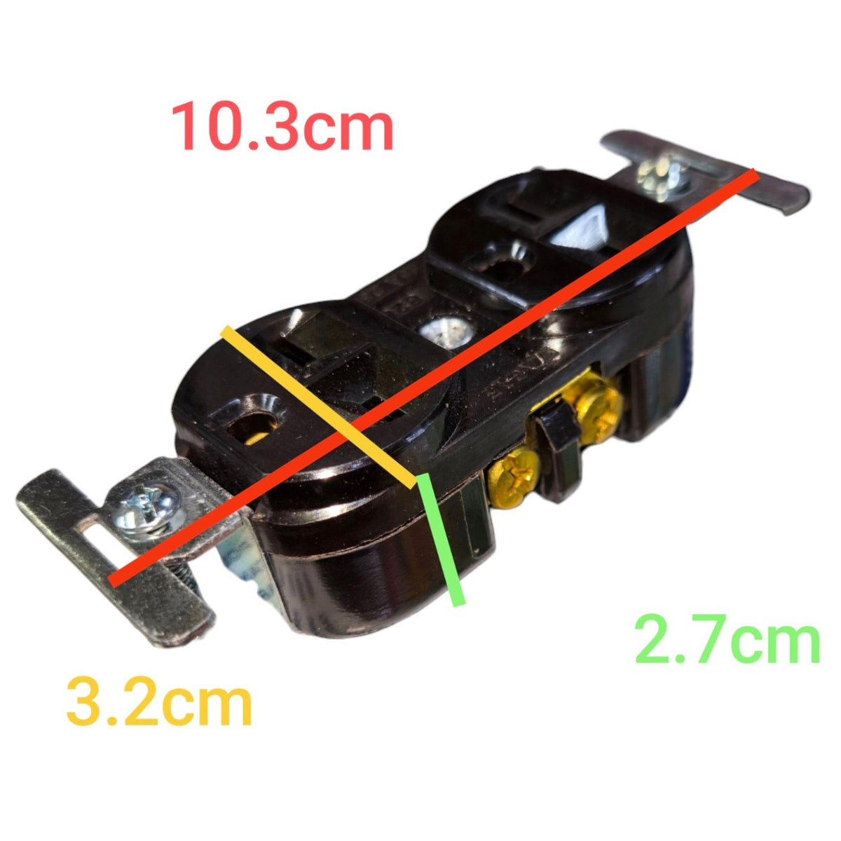 Black electrical outlet component on a white background with overlaid red, yellow, and green measurement lines and text showing dimensions 10.3cm, 3.
