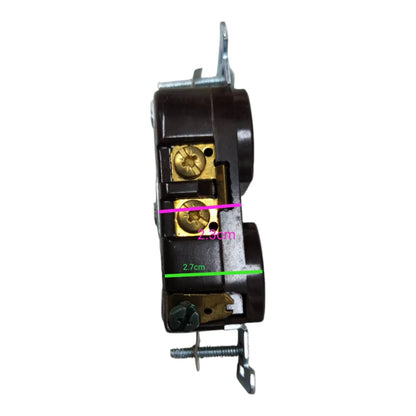 A dark brown electrical outlet or switch component with brass screw terminals, shown on a plain white background with pink and green dimension lines and text indicating 2.9cm and 2.