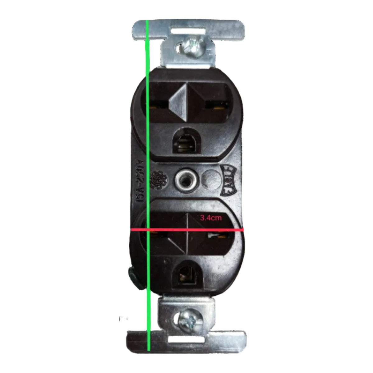 A black electrical outlet with metal mounting brackets at the top and bottom, shown on a white background with a green vertical line, a red horizontal measurement line labeled 3.4cm, and faint vertical size markings.