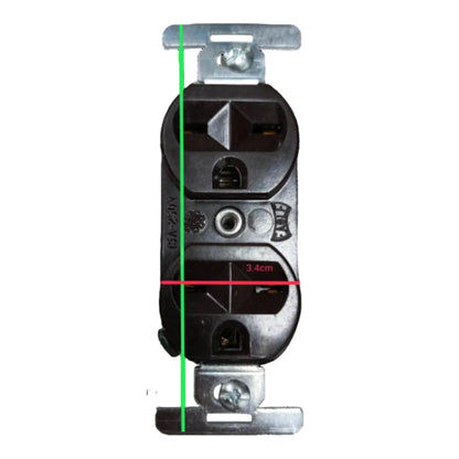 A black electrical outlet with metal mounting brackets at the top and bottom, shown on a white background with a green vertical line, a red horizontal measurement line labeled 3.4cm, and faint vertical size markings.