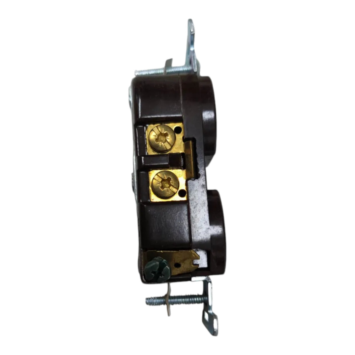 A single electrical outlet or switch component shown from the side against a plain white background, with a dark housing and visible brass screw terminals.