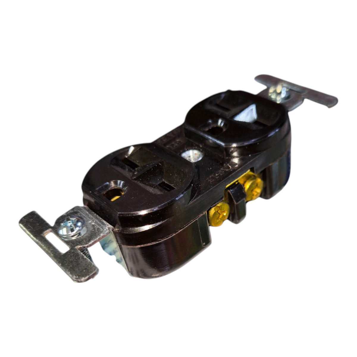 A black electrical outlet socket with silver metal mounting brackets and small gold-colored terminal screws, shown on a plain white background.