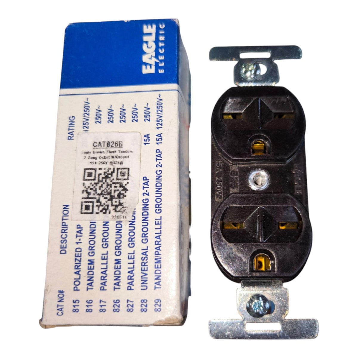 An Eagle Electric CAT826E 15A polarized 2-pole ground outlet shown next to its original blue and white cardboard packaging box on a white background.