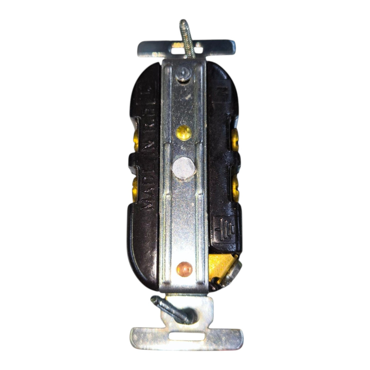 A heavy-duty metal electrical outlet component, likely a switch or outlet backplate, featuring a black plastic insert, silver metal plates, and brass/gold-colored screws, isolated on a white background.