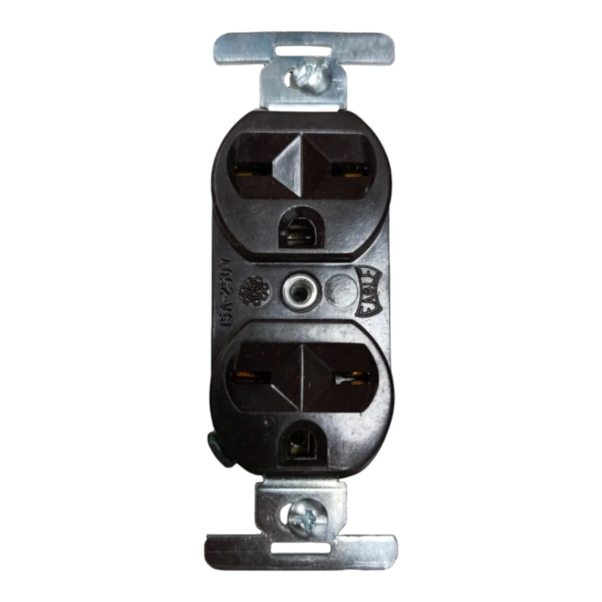A double outlet electrical outlet cover plate with metal mounting brackets at the top and bottom, shown against a plain white background.