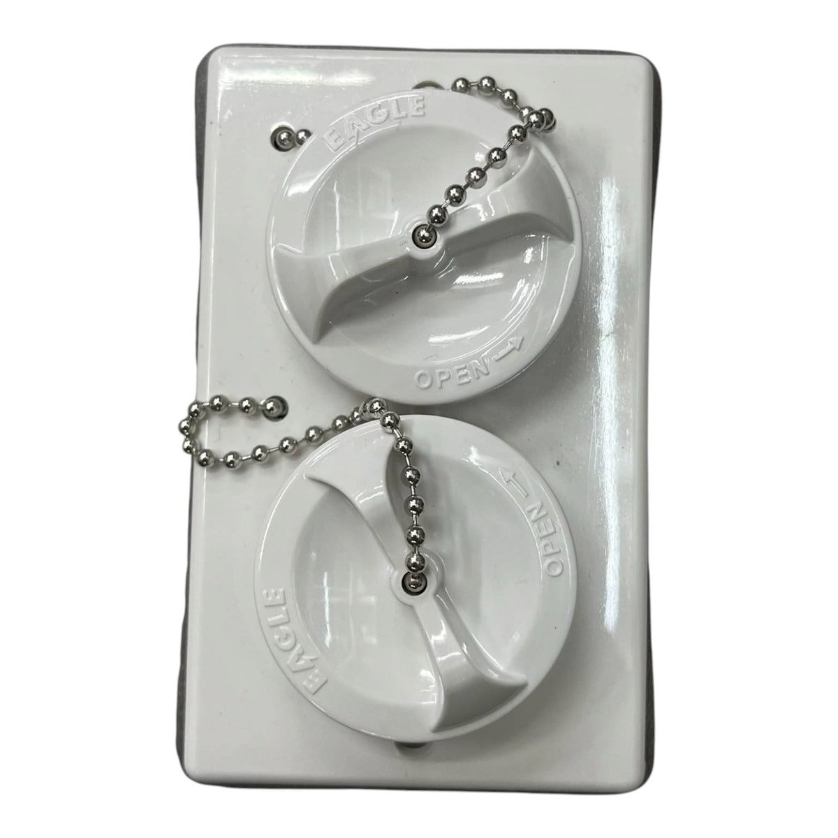 Two white plastic marine fuel cap covers with silver ball chains, mounted on a white rectangular plastic backing plate.