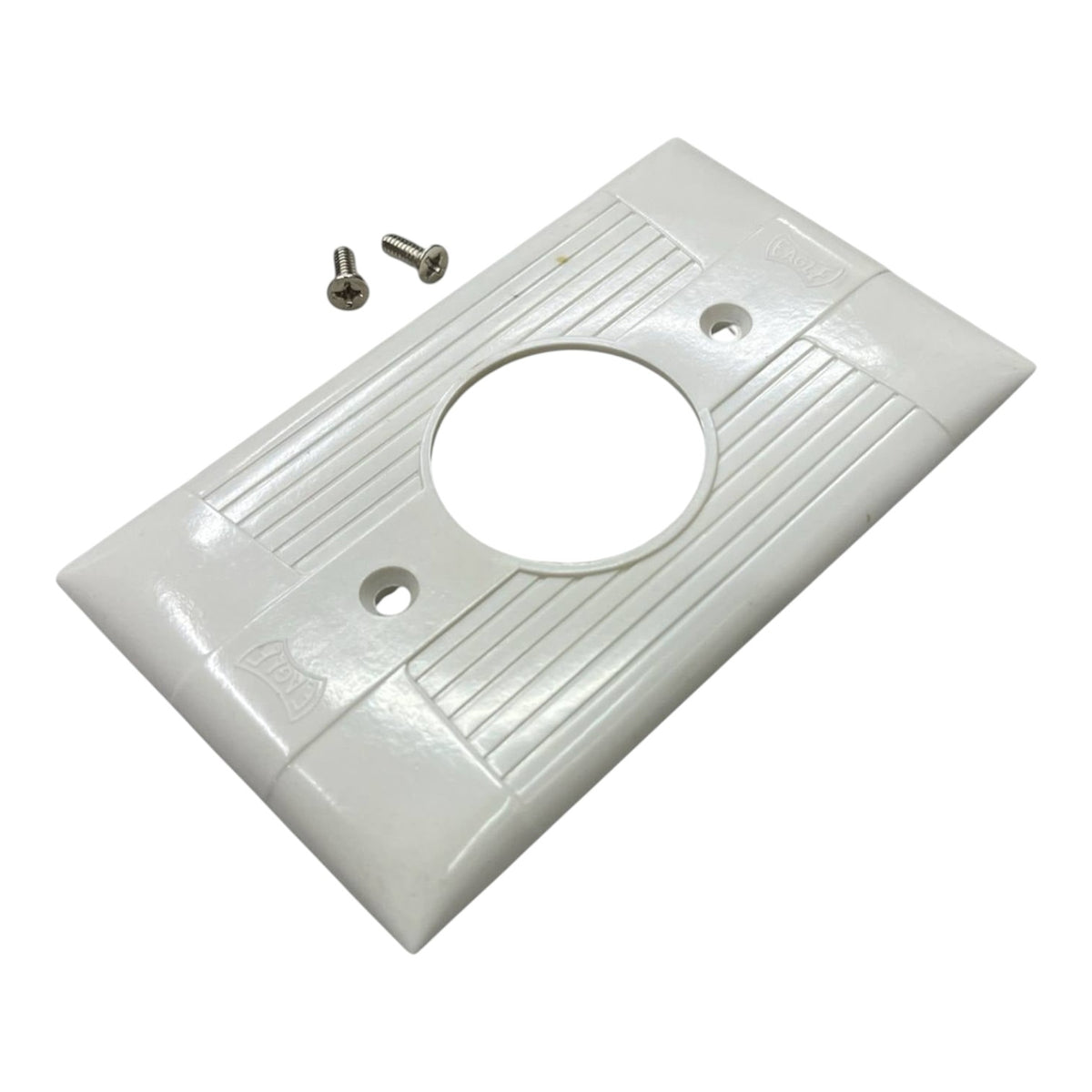 White plastic outlet cover plate with a circular cutout and two mounting screws, shown on a plain white background.