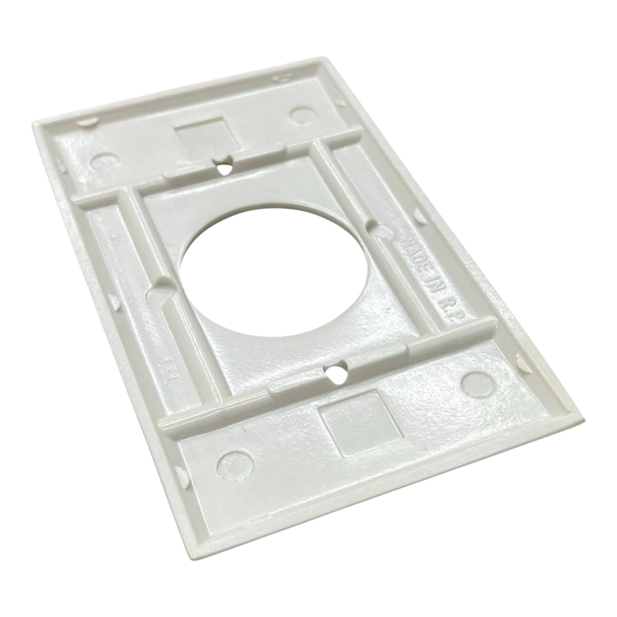 A white plastic rectangular mounting plate or cover with a circular cutout in the center, shown on a plain white background.