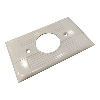 A white plastic rectangular wall plate cover with a circular cutout in the center and two screw holes, shown on a plain white background.