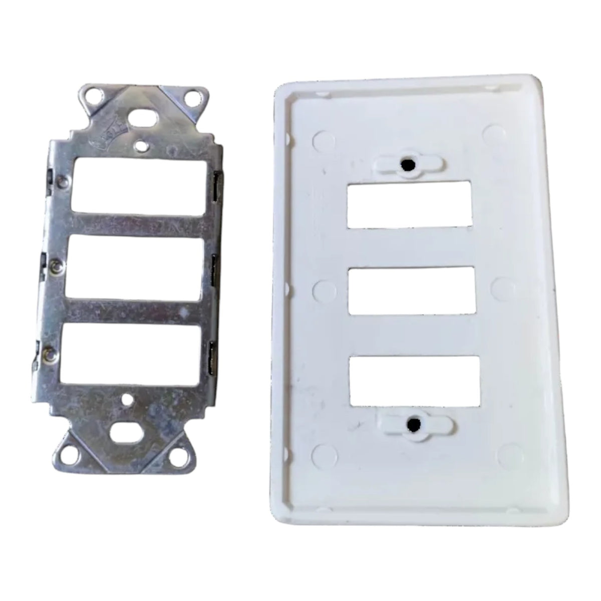 A white plastic three-gang light switch plate cover shown next to its silver metal mounting bracket on a plain white background.