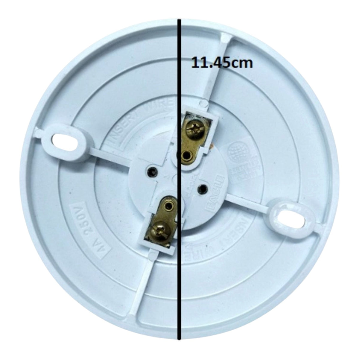 A round white plastic electrical terminal cover or disc with a vertical black measurement line and the text '11.45cm' overlaid, showing the product's diameter dimension.
