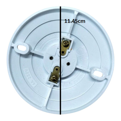 A round white plastic electrical terminal cover or disc with a vertical black measurement line and the text '11.45cm' overlaid, showing the product's diameter dimension.