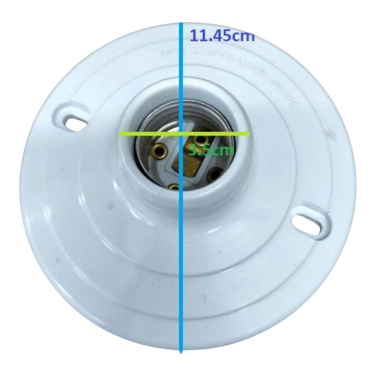 A white circular ceiling light socket with dimension annotations showing a height of 11.45cm, a diameter of 5.