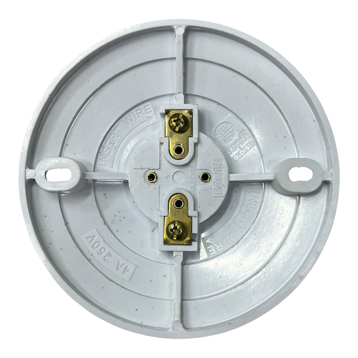 A circular white plastic electrical junction box cover with two brass screw terminals and mounting holes, shown from the back on a white background.