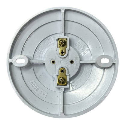 A circular white plastic electrical junction box cover with two brass screw terminals and mounting holes, shown from the back on a white background.