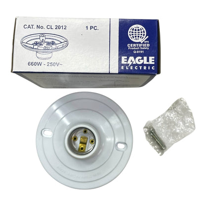 A white circular light socket with a gold center contact, shown with its blue and white Eagle Electric product box and a small clear plastic bag of mounting hardware on a white background.