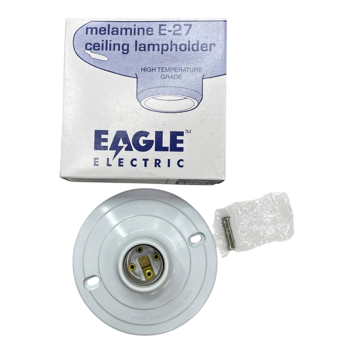 Eagle Electric E-27 Ceiling Lampholder with its original white and blue packaging box and a small mounting hardware packet on a white background.
